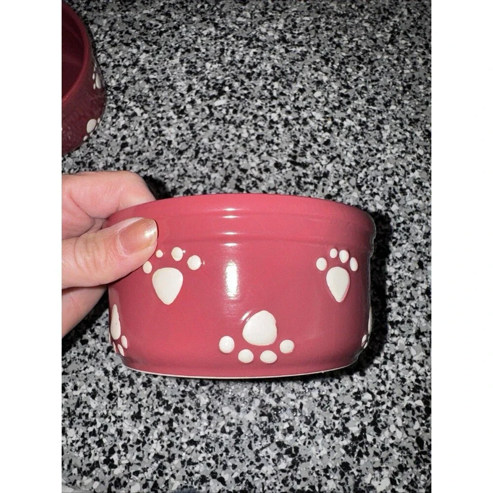 PetRageous Paw Print Designs Cat Small Dog Pet Food Dish Burgandy Red